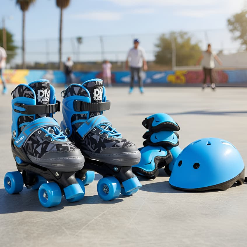 Patins Masculino Ajustavel Com Acessorios Azul Crianca 4 Roda Com Cadarco 6550 - Dm Toys