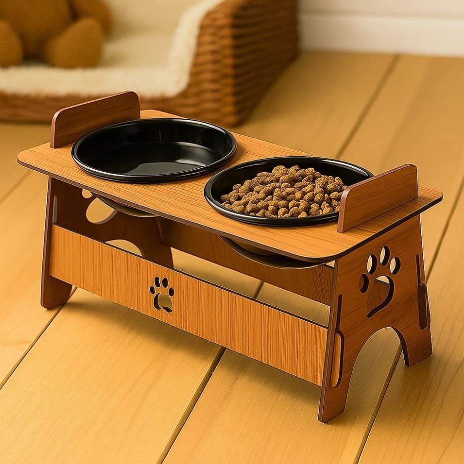 Comedouro Elevado para Cachorro e Gato em Mdf Preto/Marrom com Tigela de Plástico Tendência