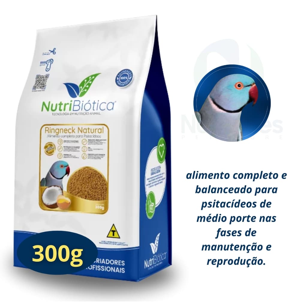 Ração 300g Extrusada Ringneck Natural Super Premium Nutribiótica Pássaro Grande Alexandre Mustache