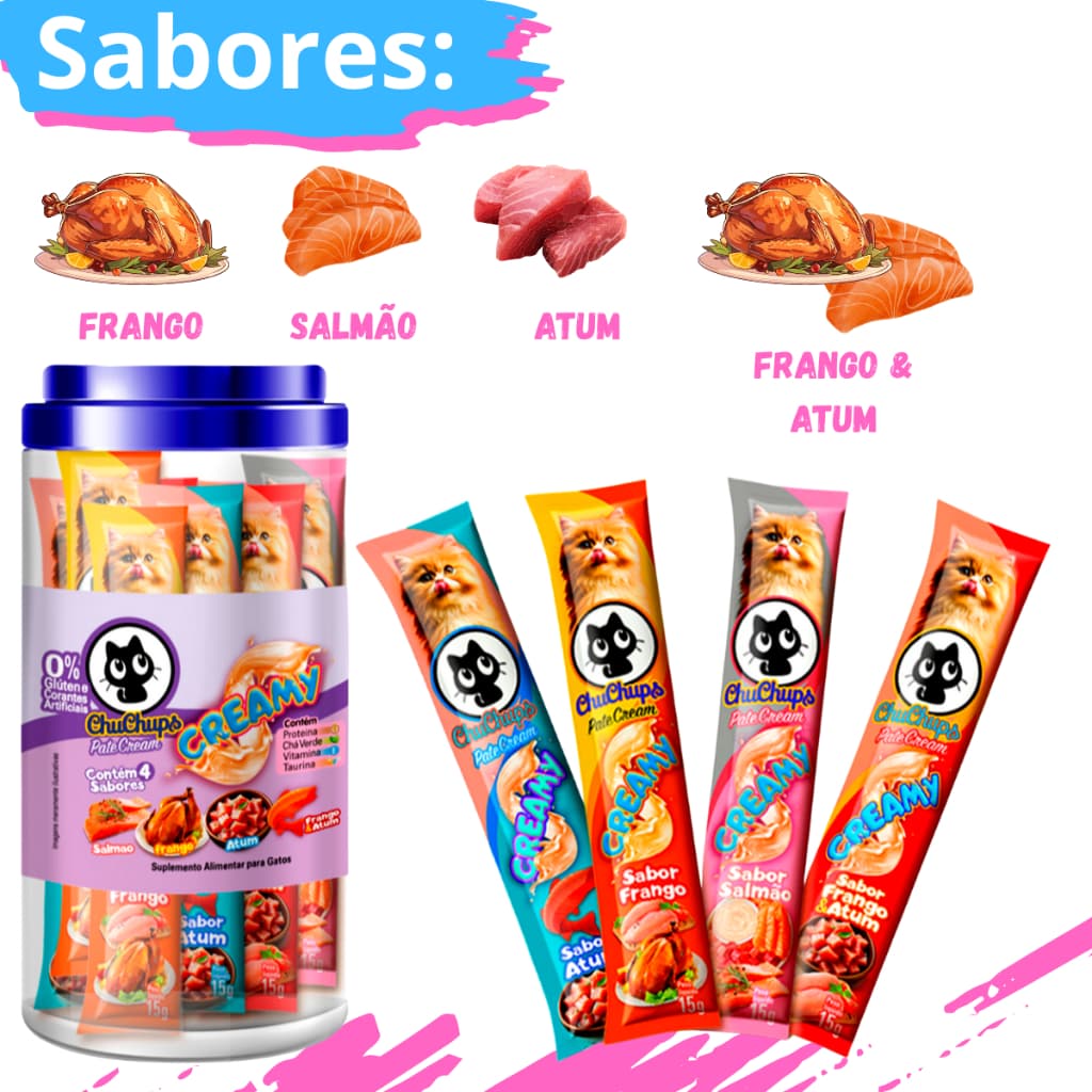 Petisco Gatos ChuChups Cream Pote Sortido com 24 Tubos de 15g Lançamento Tipo Churu e Truly