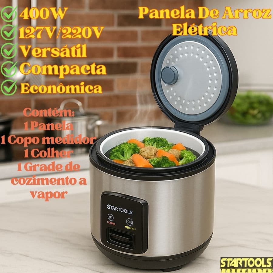 Panela De Arroz Elétrica 1L 400W 220V Ou 127V Com Copo Medidor Colher E Grade De Cozimento A Vapor