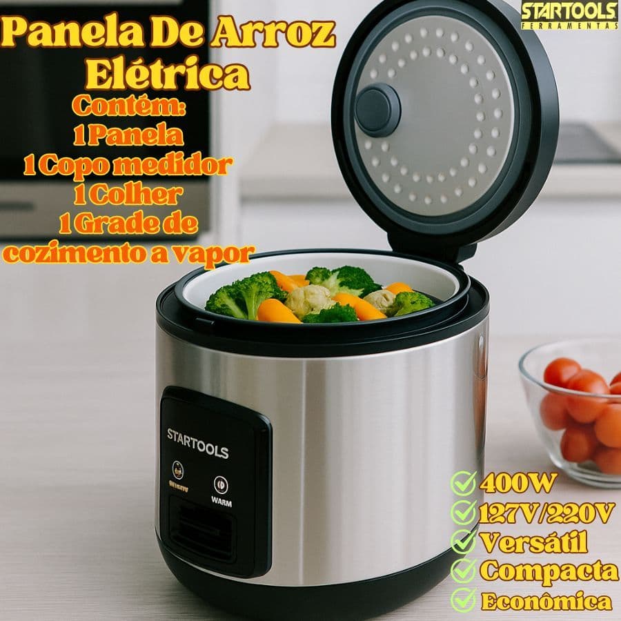 Panela De Arroz Elétrica 1L 400W 220V Ou 127V Com Colher Copo Medidor E Grade De Cozimento A Vapor