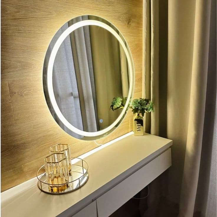 Espelho Redondo Jateado 3 Tons de Led e Botão Touch Screen 60cm - Para Penteadeira Quarto Banheiro