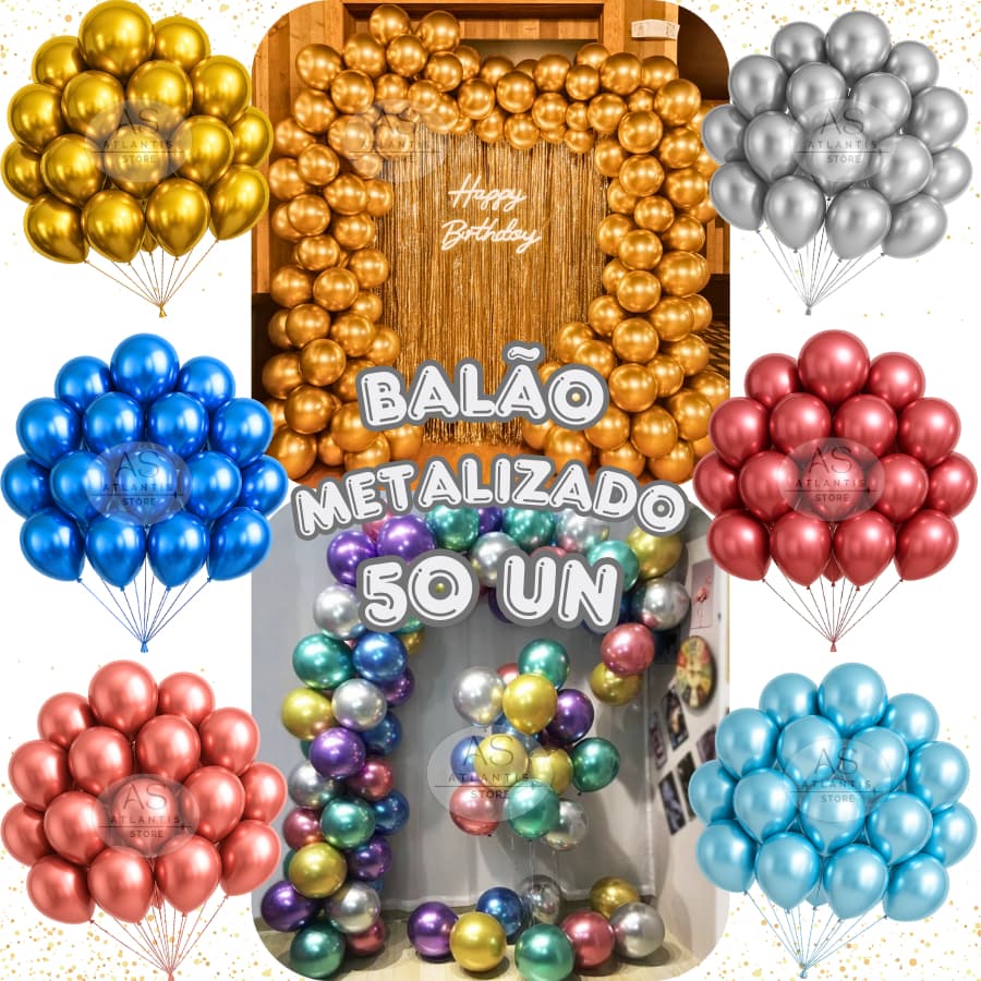 Kit 50 Un Balão Metalizado Bexiga Nº10 Festa Aniversário Comemoração Decoração Várias Cores
