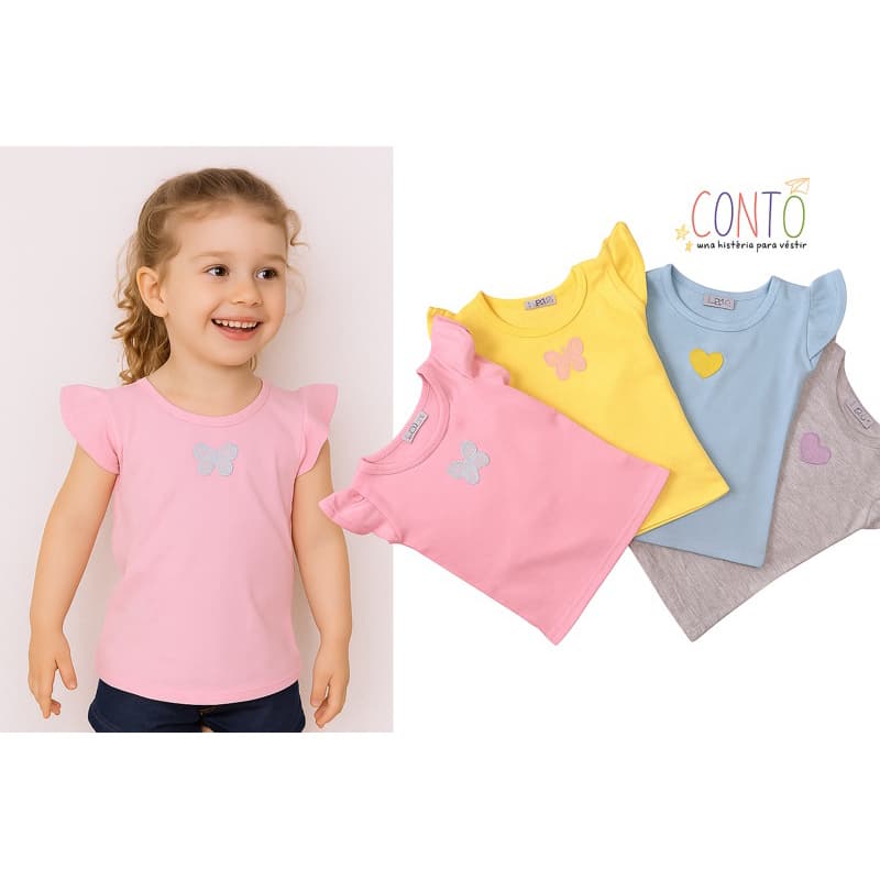 blusa manga curta infantil menina kit 3 peças colorida com aplique