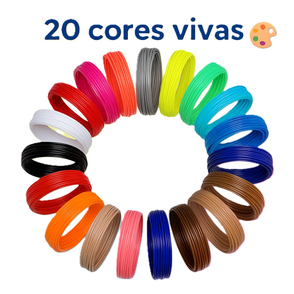 Kit 20 Cores Filamento PLA 100M Para Caneta e Impressão 3D Compatível Para Artes Estudos 5m por Rolo