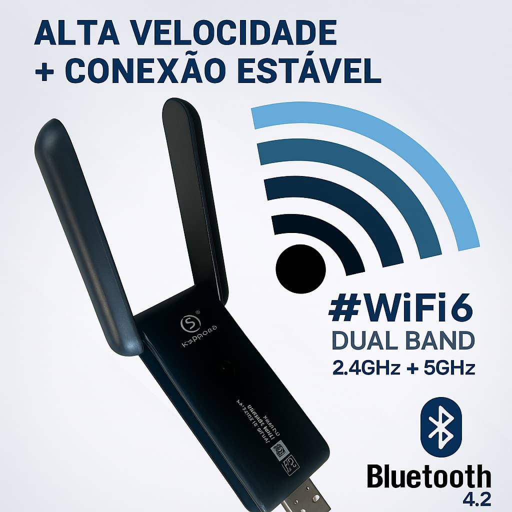 Adaptador USB WiFi Bluetooth Internet Rápida e Conexão Sem Fio Dual Band Alcance 10 Metros