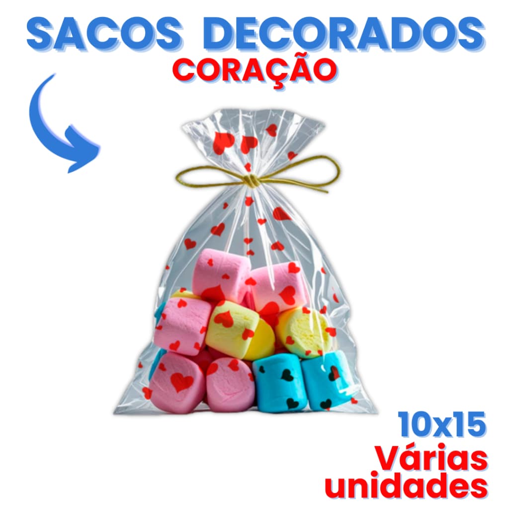 50 Saquinhos Celofane Plásticos Transparentes Decorados Coração 10x15cm 11x20 cm Lembrancinha Festa