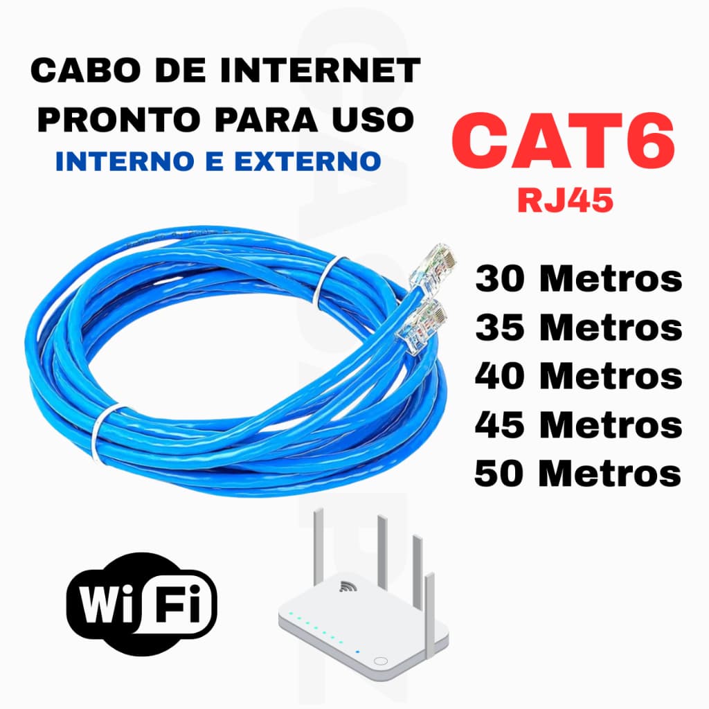 Cabo De Rede CAT6 RJ45 Internet Pc Notebook Roteador Smart Tv Games 30 35 40 45 50 Metros