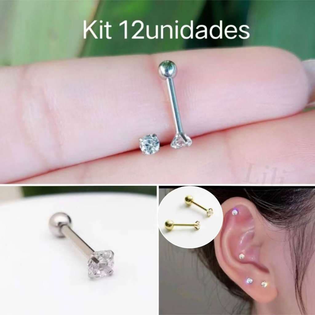 Kit 6/12 Piercing Ponto De Luz 2.5mm  (Hélix/Tragus)  Prata /Dourado
