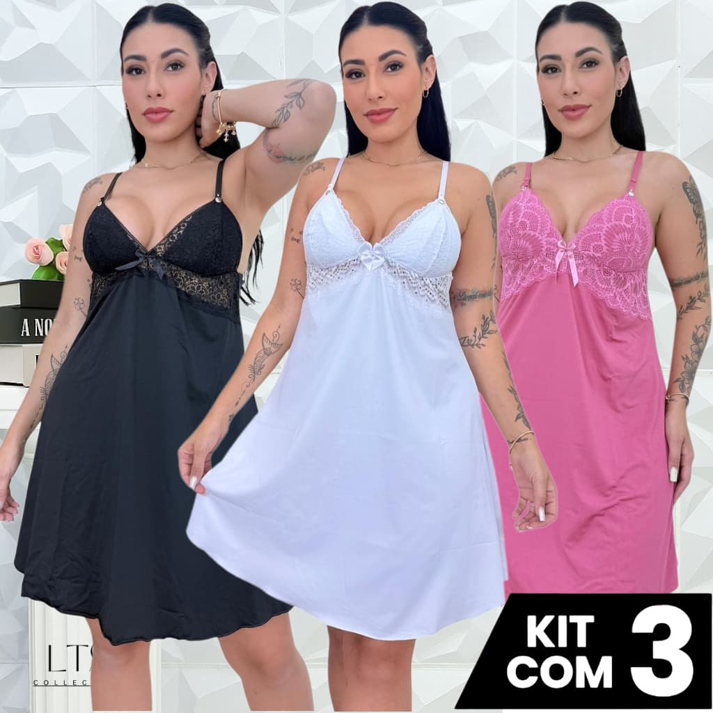 KIT 3 Camisola Amamentação Detalhe em Renda Conforto Gestante Maternidade Pós-parto Pijama Linha Noite