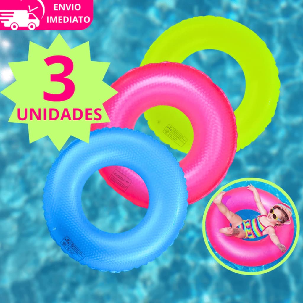 Kit 3 Boias Inflável Infantil 60cm Brinquedo de Piscina Circular Decoração Verde Azul Rosa Laranja