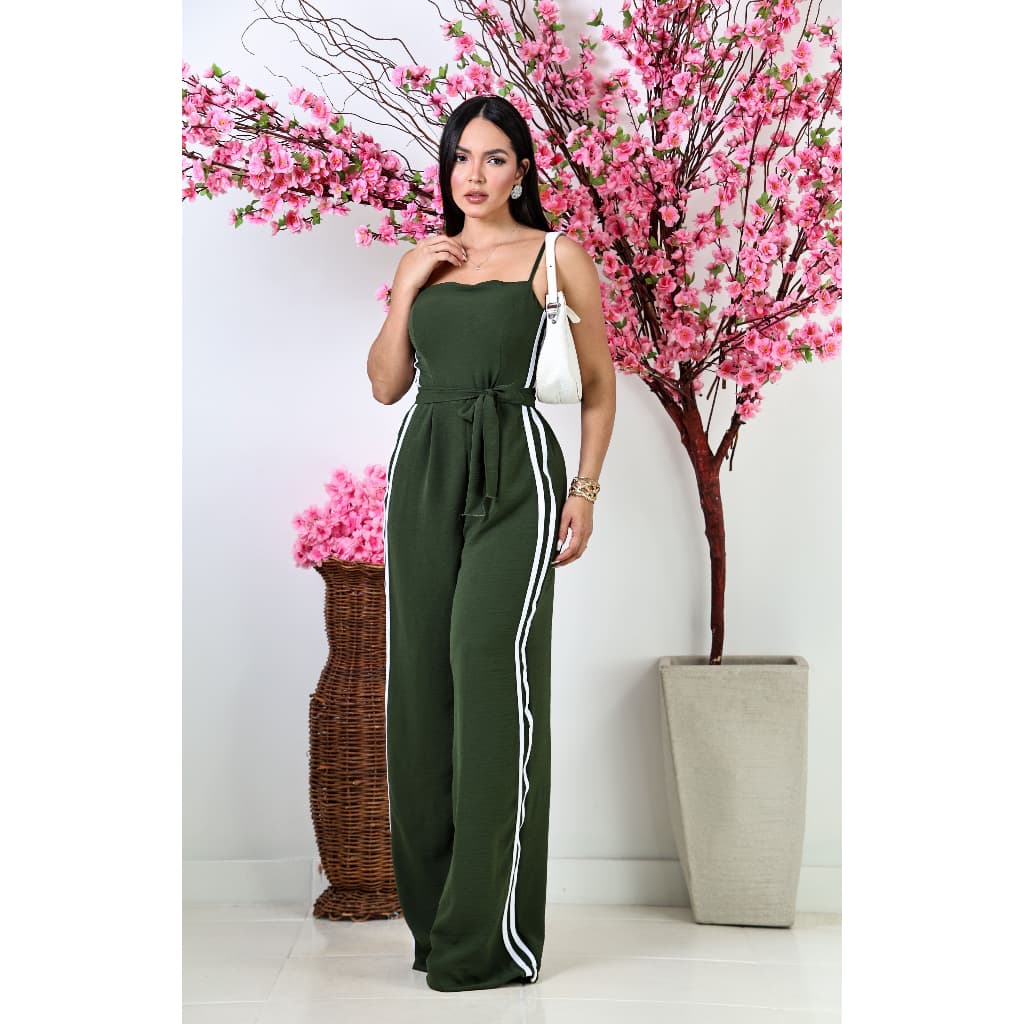 Macacão elegante Social Listrado duna alça fina regulável com cinto verão