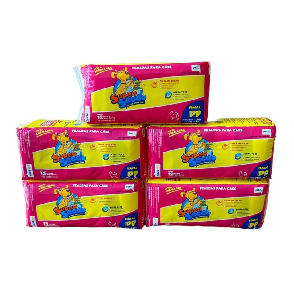 5 Pacotes Fralda Super Secão Descartável Para Fêmea PP 60 Un