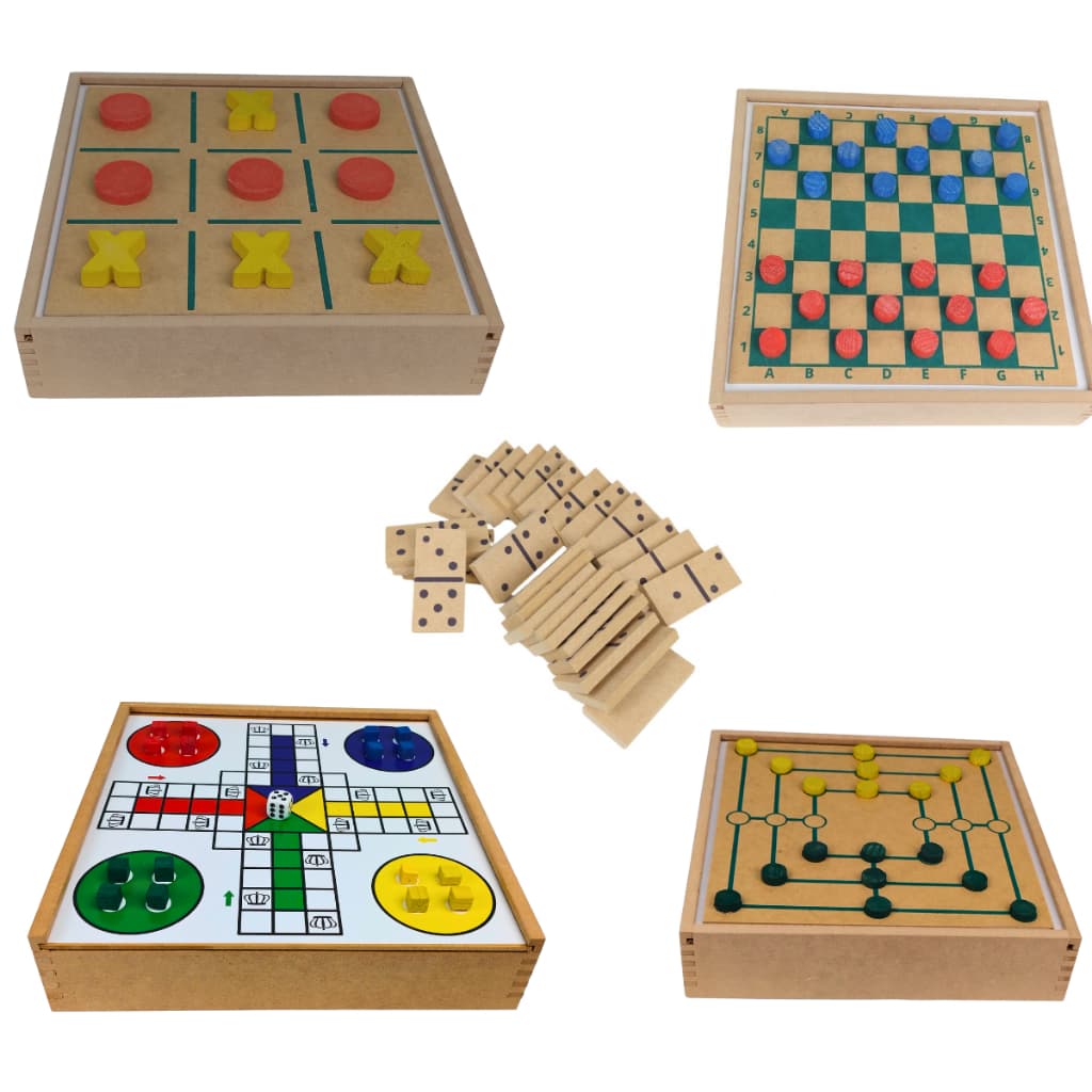 Jogos de Tabuleiro 5em1 Dominó Dama, Ludo, Trilha, Jogo da Velha Educativos Jogos Classicos
