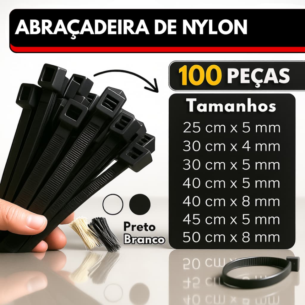 Kit 100 Abraçadeira de Nylon Cinta Plástica Enforca Gato Branco Preto 25cm 30cm 40cm 50cm
