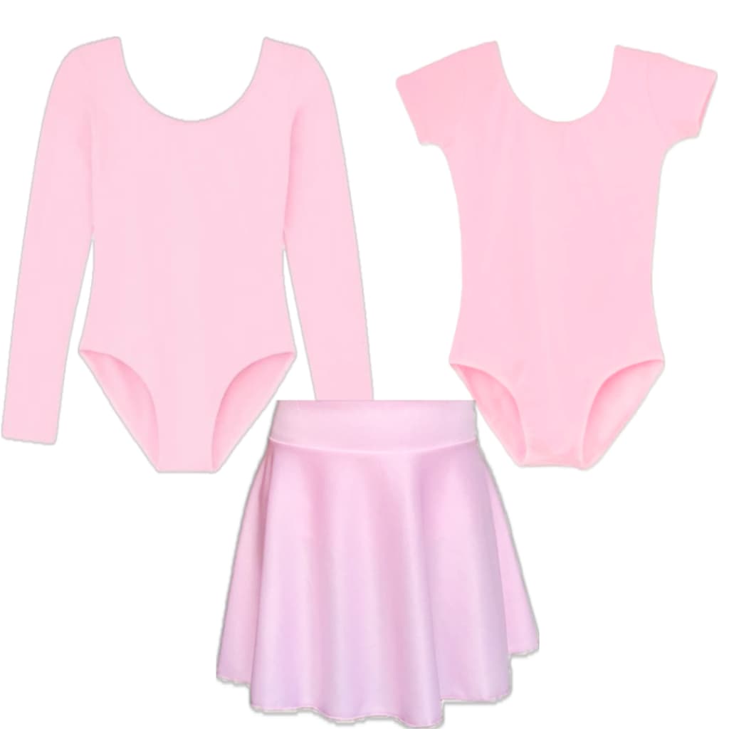 Kit Ballet Infantil Rosa Com 3 Peças: Collant Manga Longa + Collant Meia Manga + Saia de Cós - Para Bailarinas