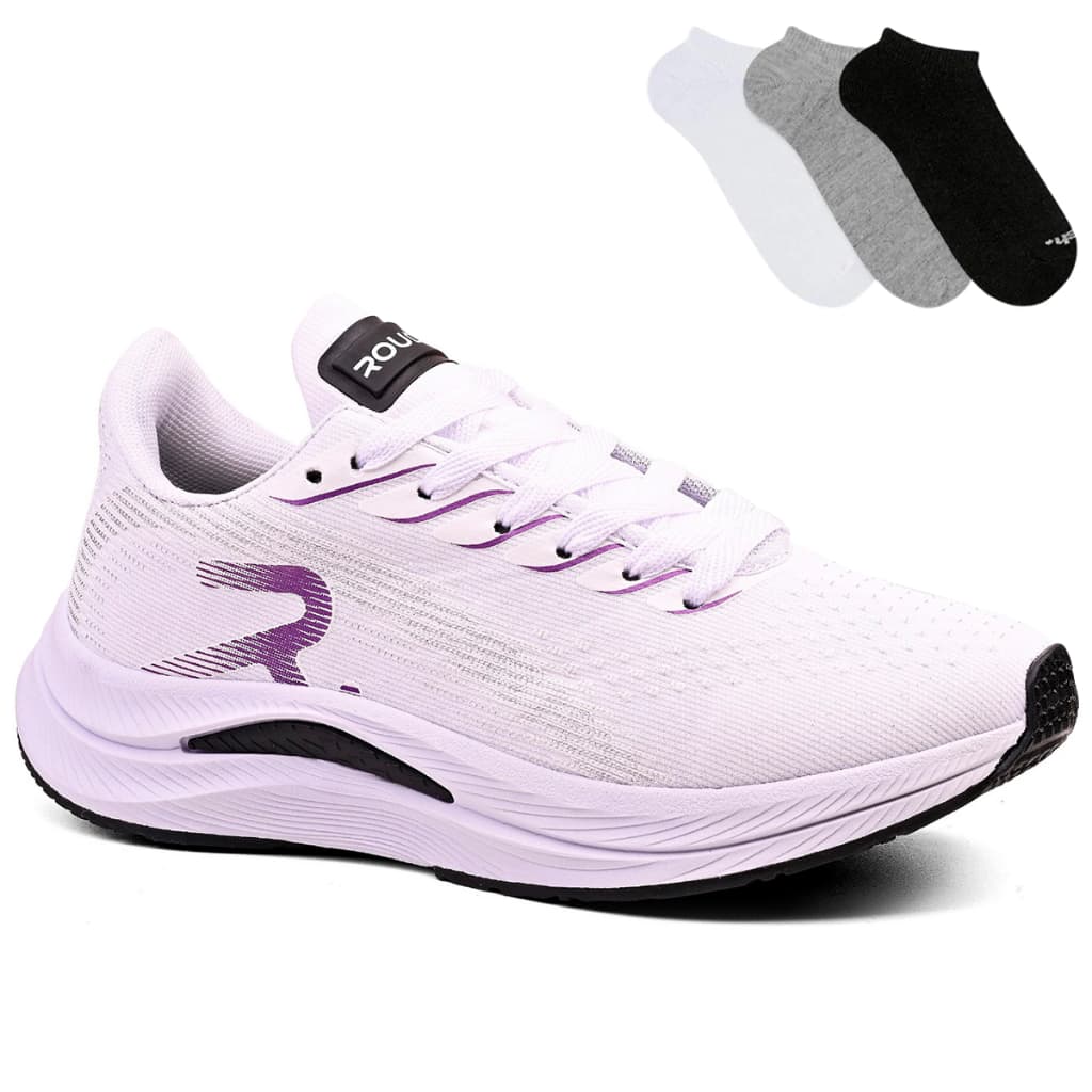 Kit Tênis Feminino Esportivo Branco Rouder Para Corrida + 1 Par De Meia