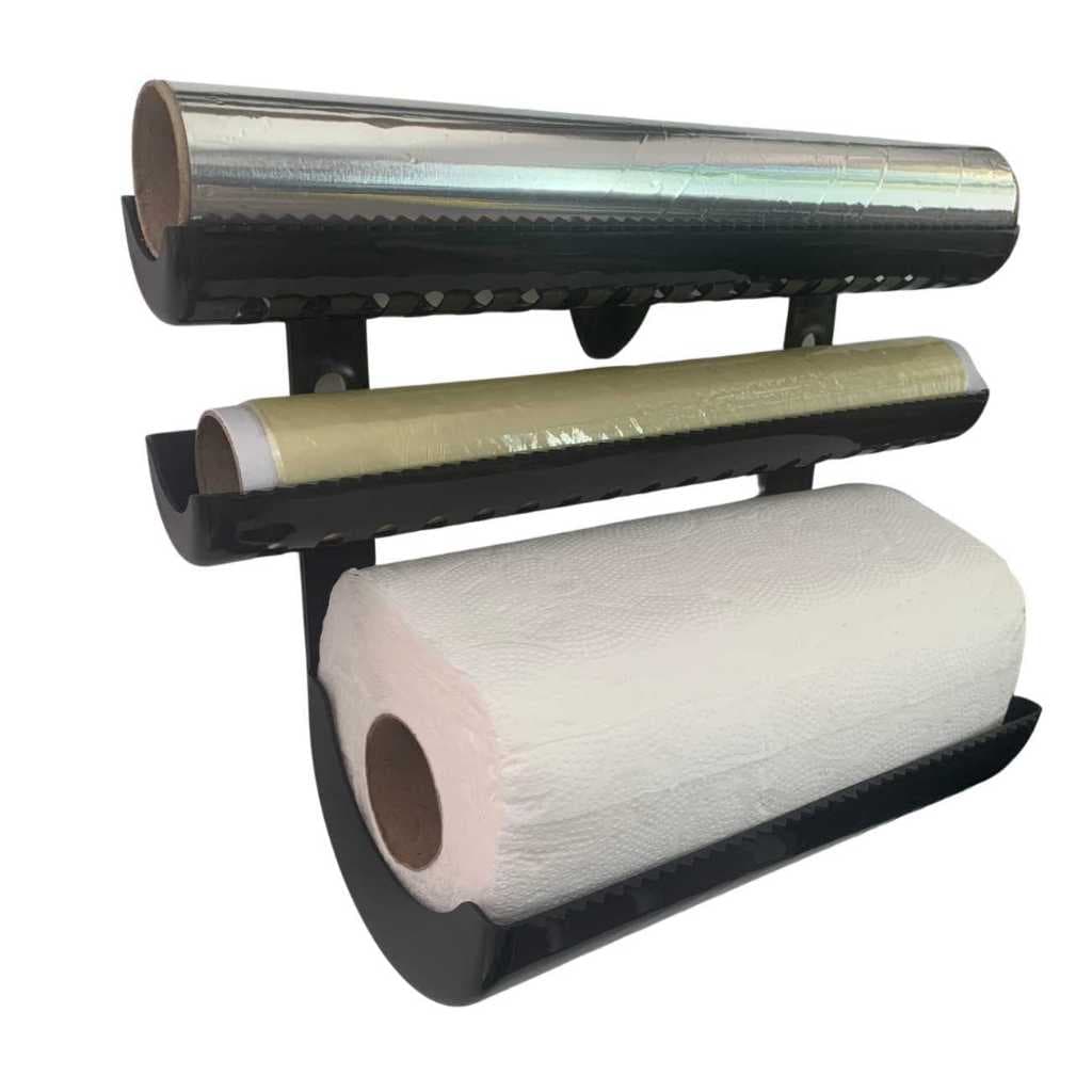 Porta Suporte Rolo Parede Cozinha 3 em 1 Papel Toalha, Alumínio, Filme PVC, Preto