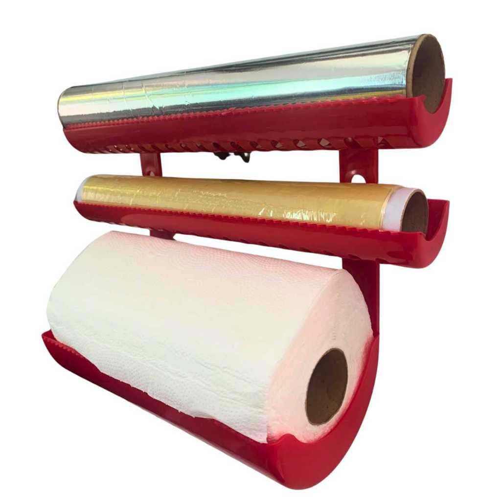 Porta Suporte Rolo Parede Cozinha 3 em 1 Papel Toalha, Alumínio, Filme PVC, Vermelho