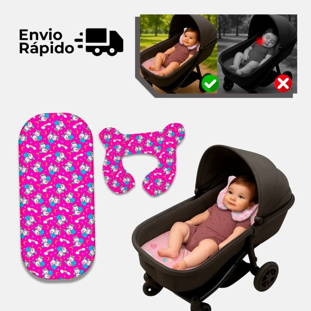 Kit Almofada de pescoço + Colchonete Carrinho de Bebê Completo Viagem e passeios recém nascido carro