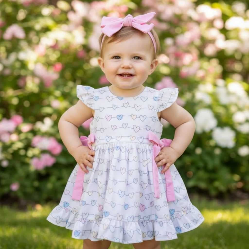 Vestido infantil com faixa várias cores e temas frutinhas coração ursinho