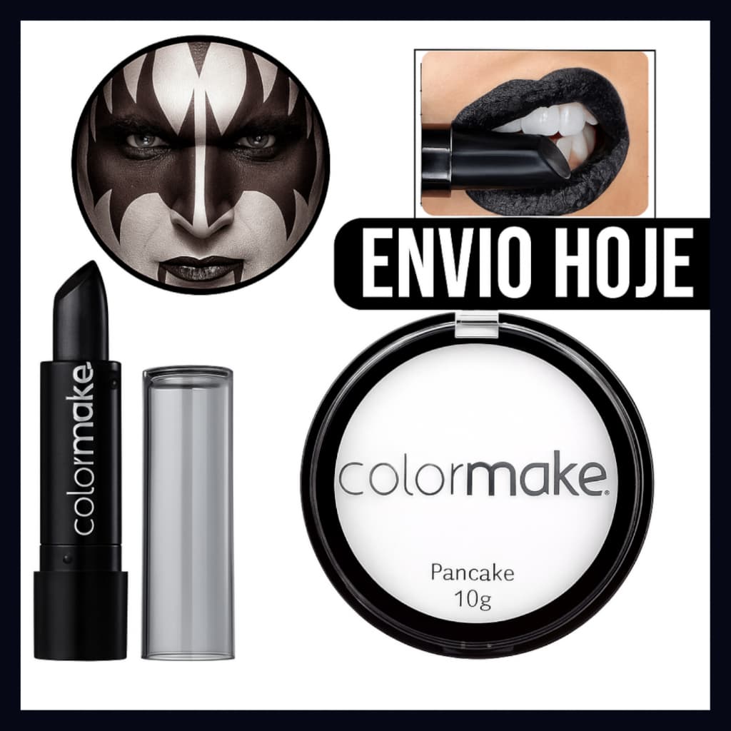 Kit Pancake Branco e Batom Preto Colormake – maquiagem artística para Halloween, bruxa, fantasia e festas.