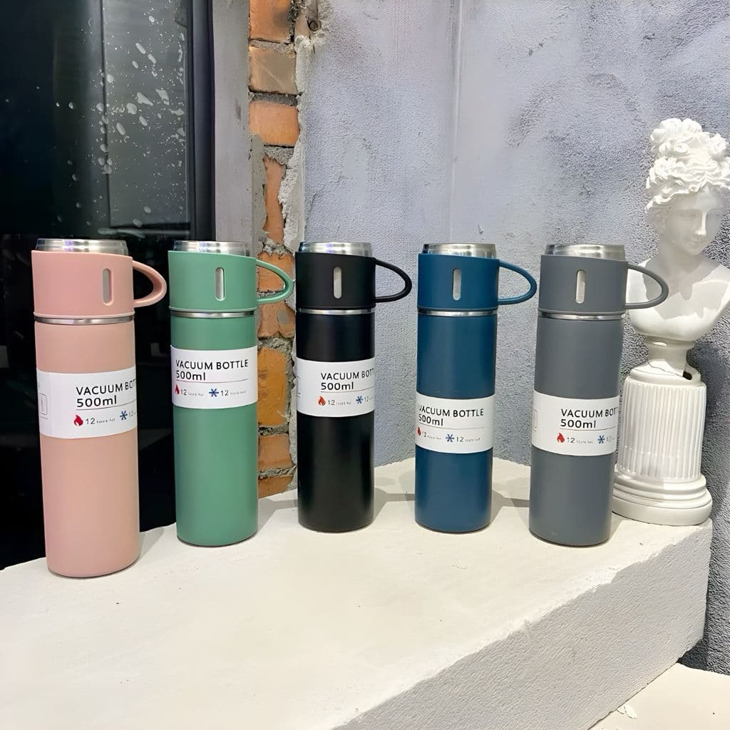Kit Completo Garrafa Térmica 500ml Inox + 3 Copos | Design Moderno Várias Cores