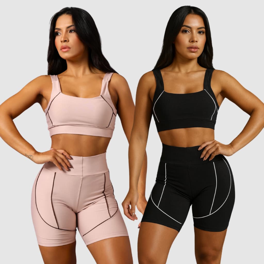Kit 2 Conjunto Short Feminino Fitness Academia Treino Cintura Alta Com Bojo Suplex Zero Transparência - Top + Short