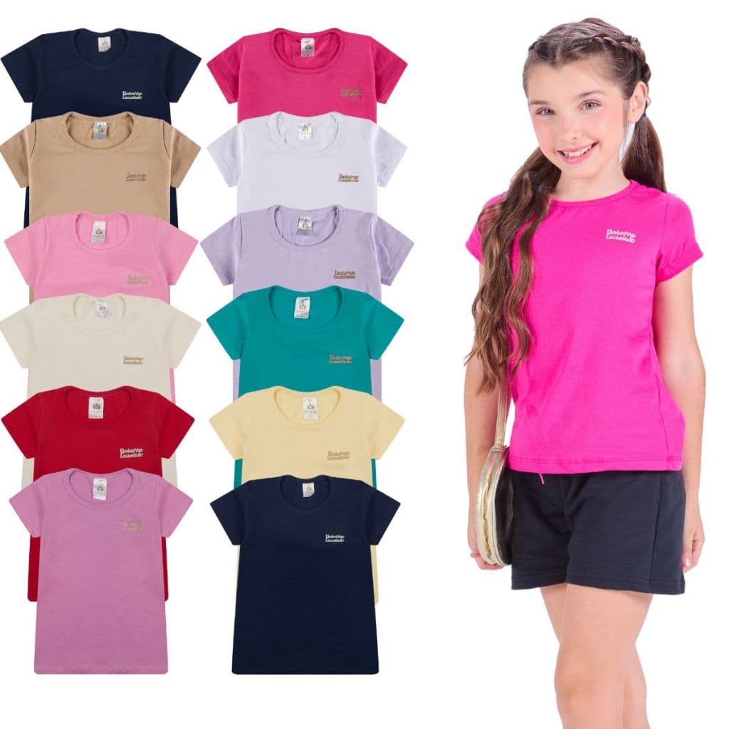 Kit com 2, 6 ou 8 Blusas Manga Curta Infantil para Menina 100% Algodão Moda Infantil Feminina Lisa Básica