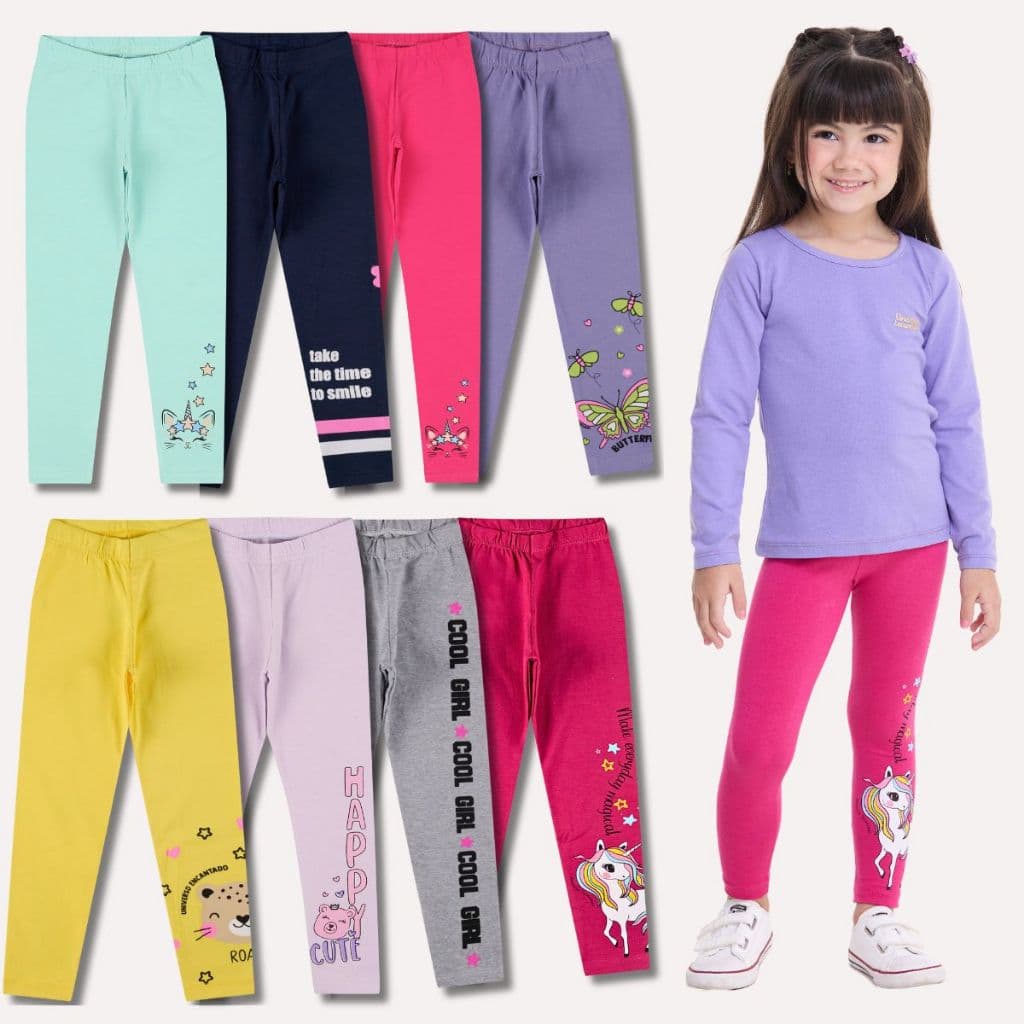 Kit Sortido 1, 3 ou 6 Calças Leggings de Cotton para Meninas Legging Bebê Menina Feminino Com Estampas