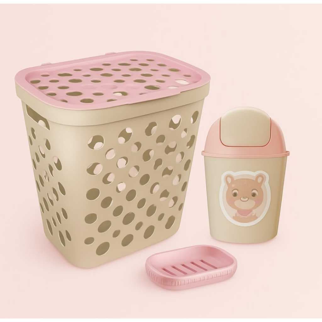 Kit 3 Peças Infantil Cesto De Roupas + Saboneteira Pia + Lixo 3 L Com Tampa Basculante Linha Bebê Infantil Usual Ultilid