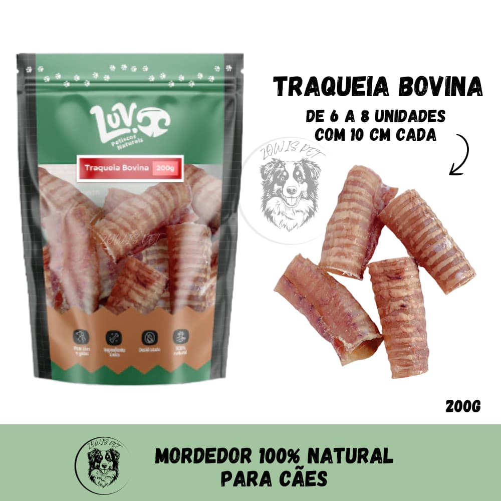 Traqueia Bovina Mordedor Desidratado Natural para Cães 200gr - Luv Petiscos