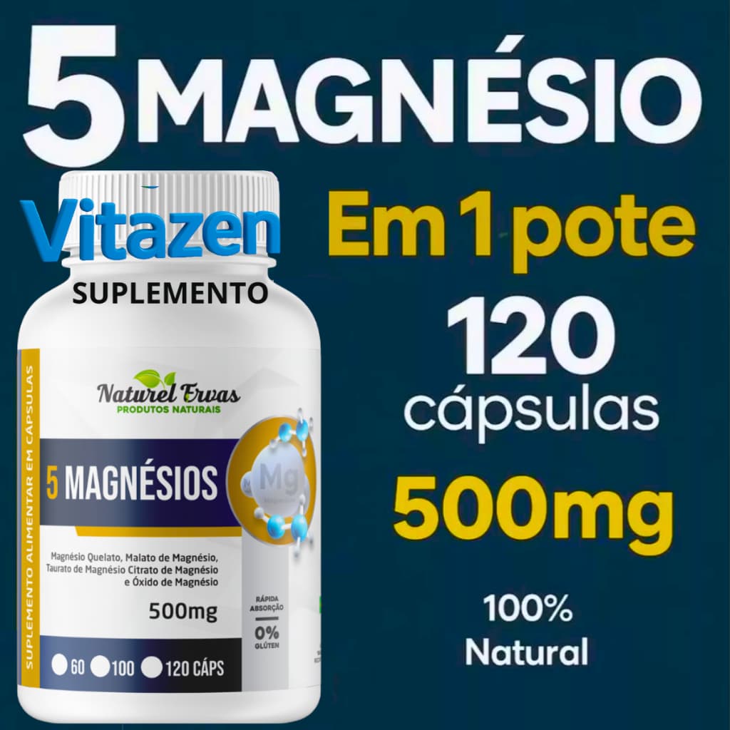 5 Magnésios 120 cápsulas de 500mg (magnésio Quelato, Malato, Turato, Citrato e Óxido