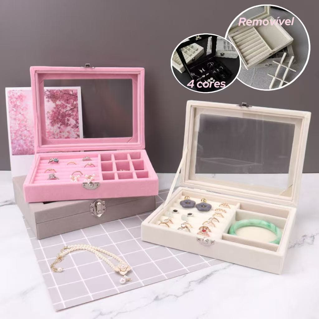 Caixa de Veludo para Joias com Janela Transparente para Brincos, Anéis e Colares Tamanho ajustável