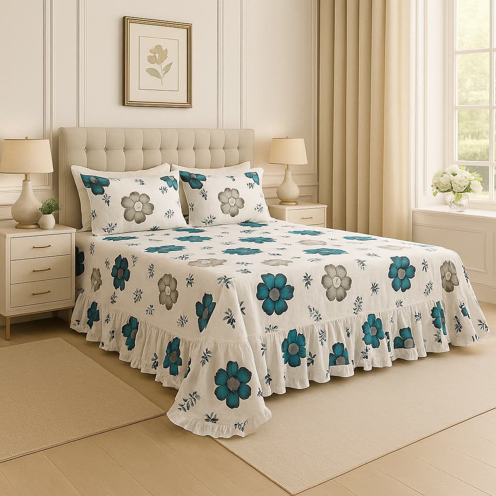 Kit Colcha Lençol com Babado Queen 3 Peças Micropercal Toque de Algodão - Kit Completo com Fronhas