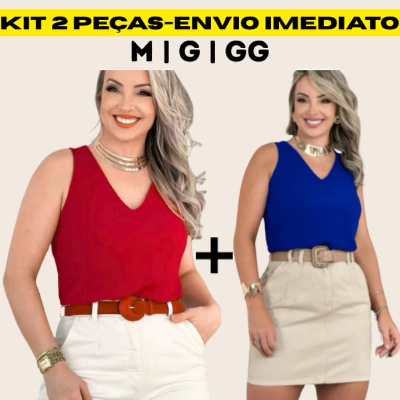 Kit 2 Peças Blusa Regata Feminina Alça Larga Grossa Duna Tendência Básica Elegante