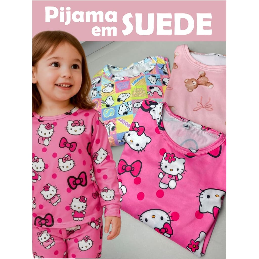 Pijama infantil em malha quentinho personagens Hello Kitty