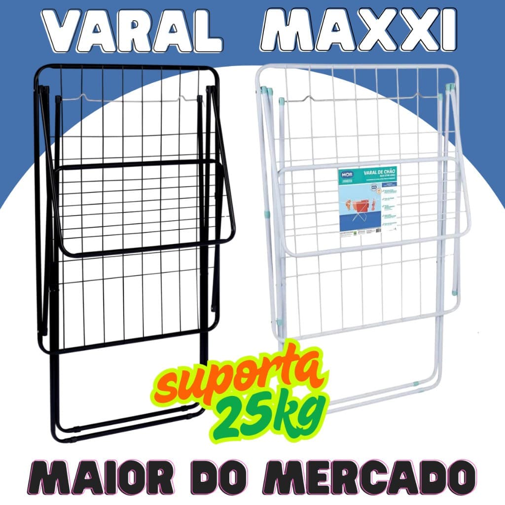 Varal De Chão MOR Grande Maxxi Com Abas Suporta 25kg de Roupas Úmidas Não Enferruja Dobrável Aço