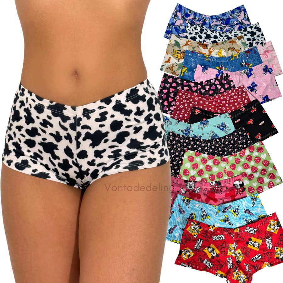 Kit 5 Calcinha Cueca Short Curto Feminina Conforto Estampadas Personagens e Lisas Plus Size