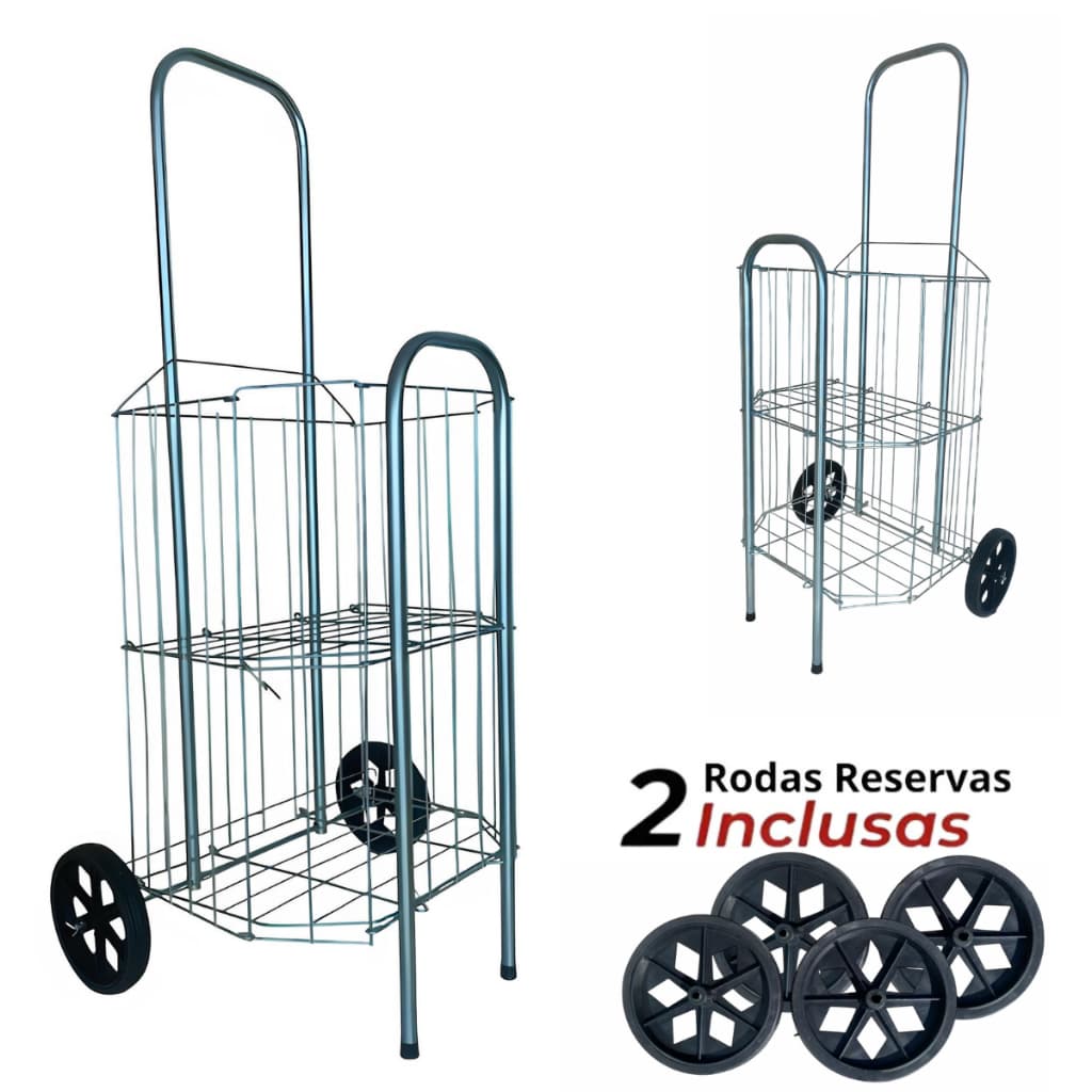 Carrinho De Feira Prata Dobrável C/ Divisórias Super Resistente Para Compras + 2 Rodas Reservas 60kg