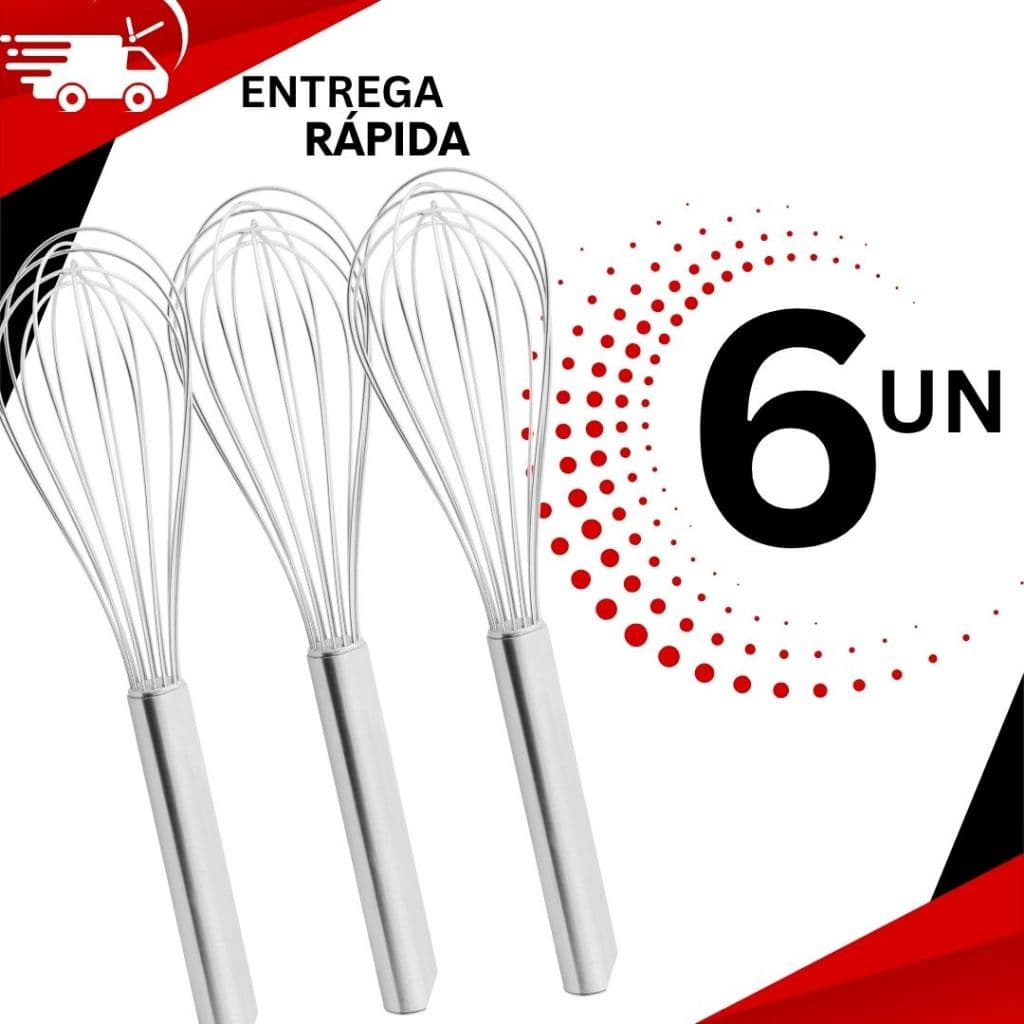 KIT 6 Fue Profissional Batedor de Ovos Fuê Fouet Inox Omelete Bolo Cozinha Misturador de Massas Clara em Neve