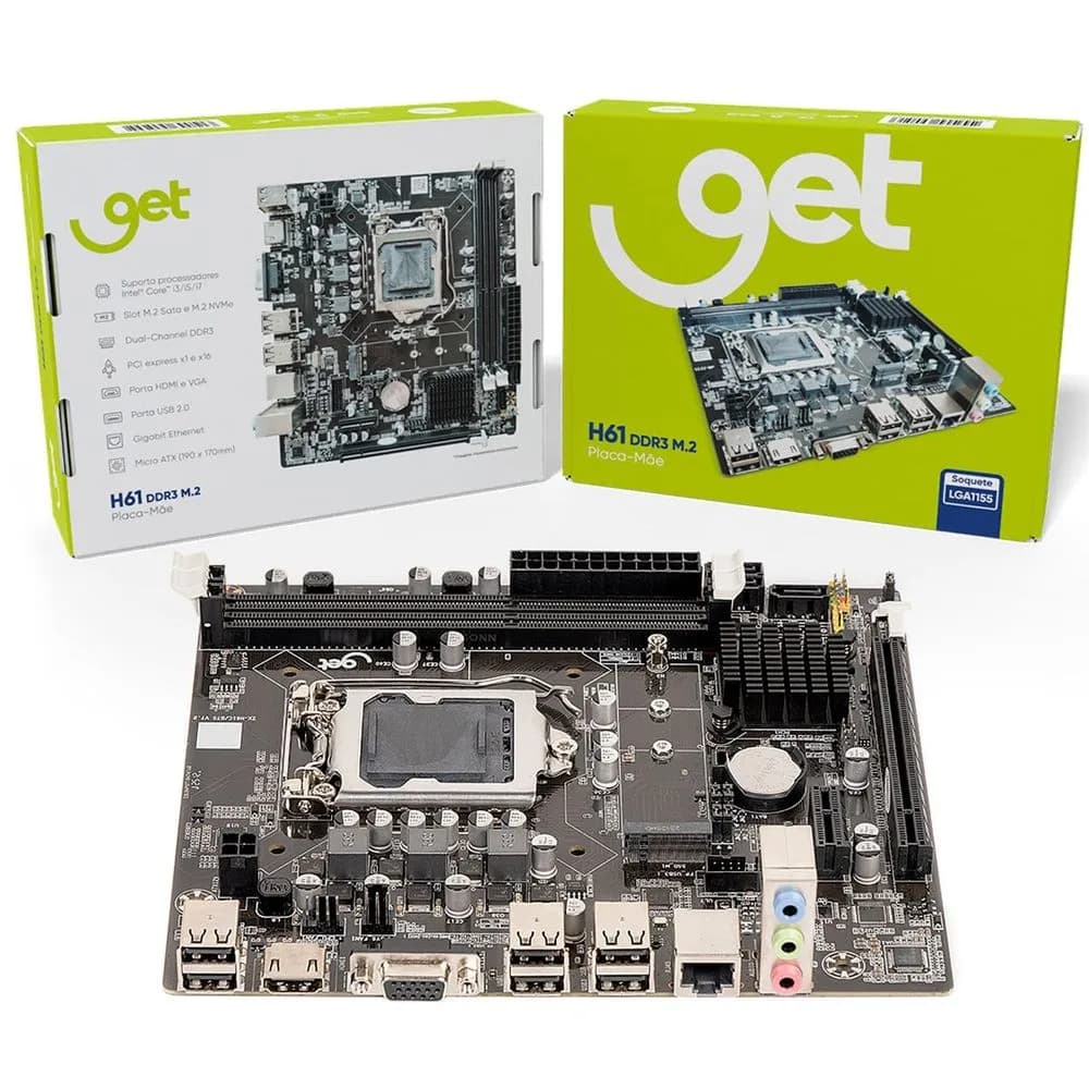 PLACA MÃE GET (GOLDENTEC) LGA1155 H61 DDR3 M2 NVME M2 SATA CORE i3 i5 i7 LAN GIGA - ENVIO IMEDIATO