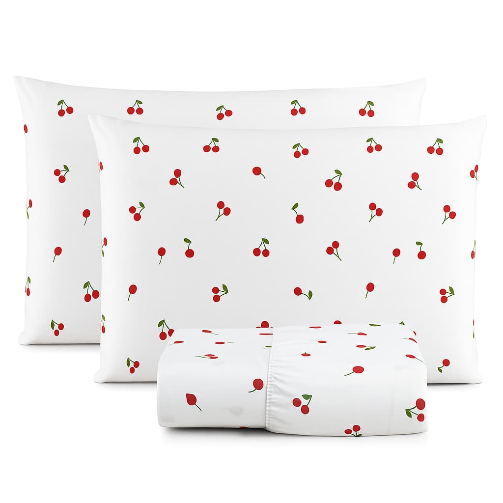Jogo de Lençol Estampado Cereja 180 Fios com Elástico Algodão Solteiro, Casal, Queen e King