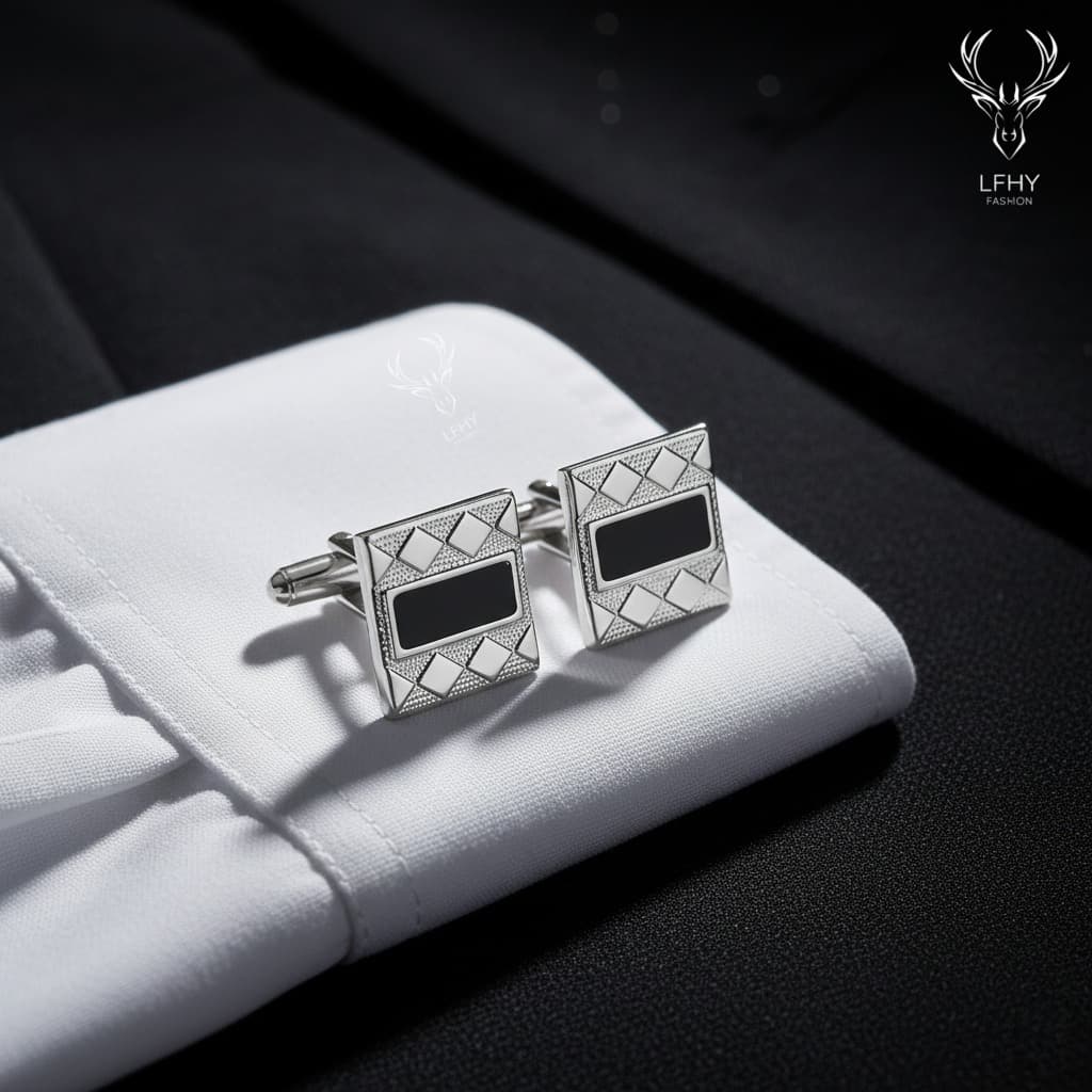 Par de Abotoaduras de Terno de cor Prata com Preto Quadricular para Camisa Masculinos Made in China