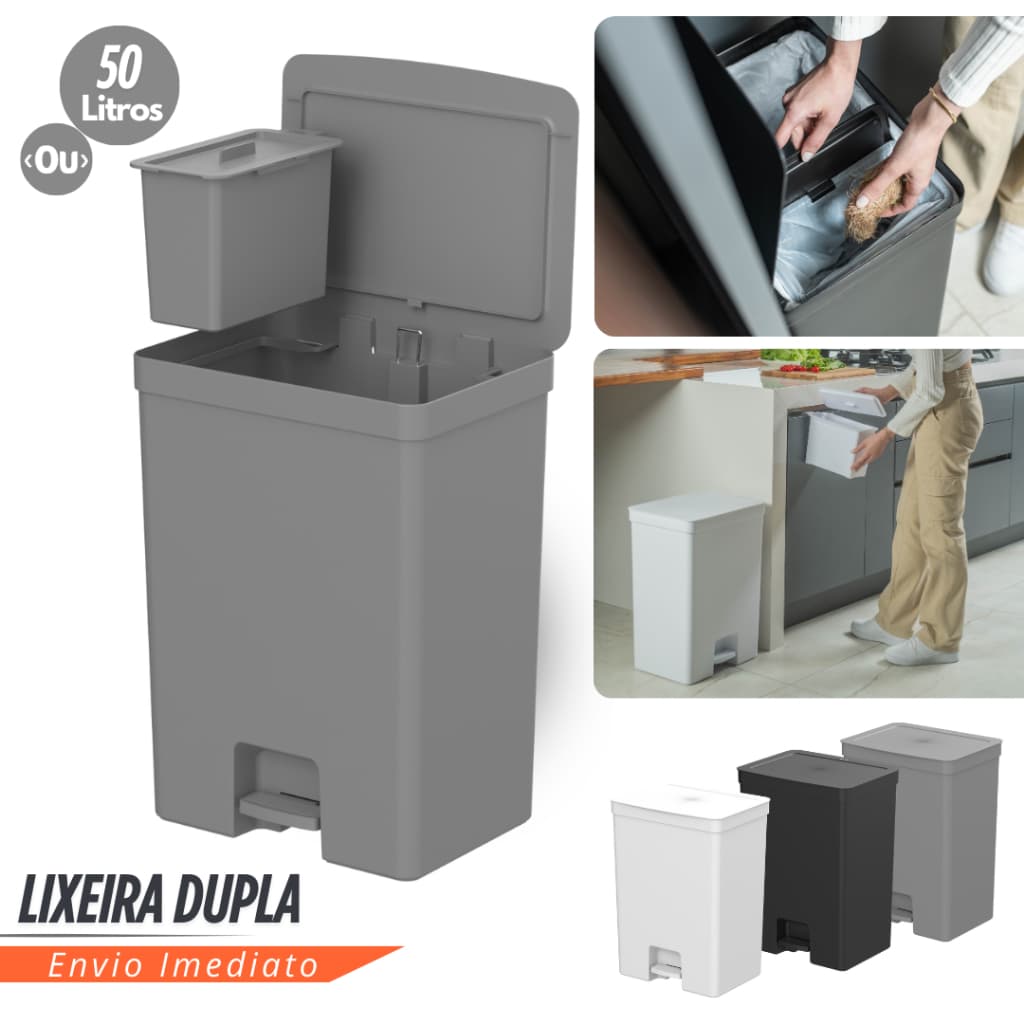 Lixeira Dupla com pedal Ou 50L Linha Trium Lixo Inteligente Com Lixinho De Cozinha Grande