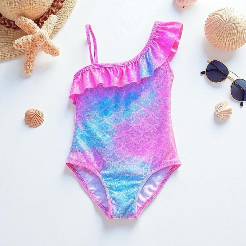 Maiô Infantil de Babado Brilhante Escamas de Sereia Biquíni