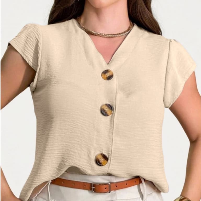 Blusa Camisa Mangas curtas Feminina Tecido Duna Com Botao novo 2025 Estilo europeu e americano