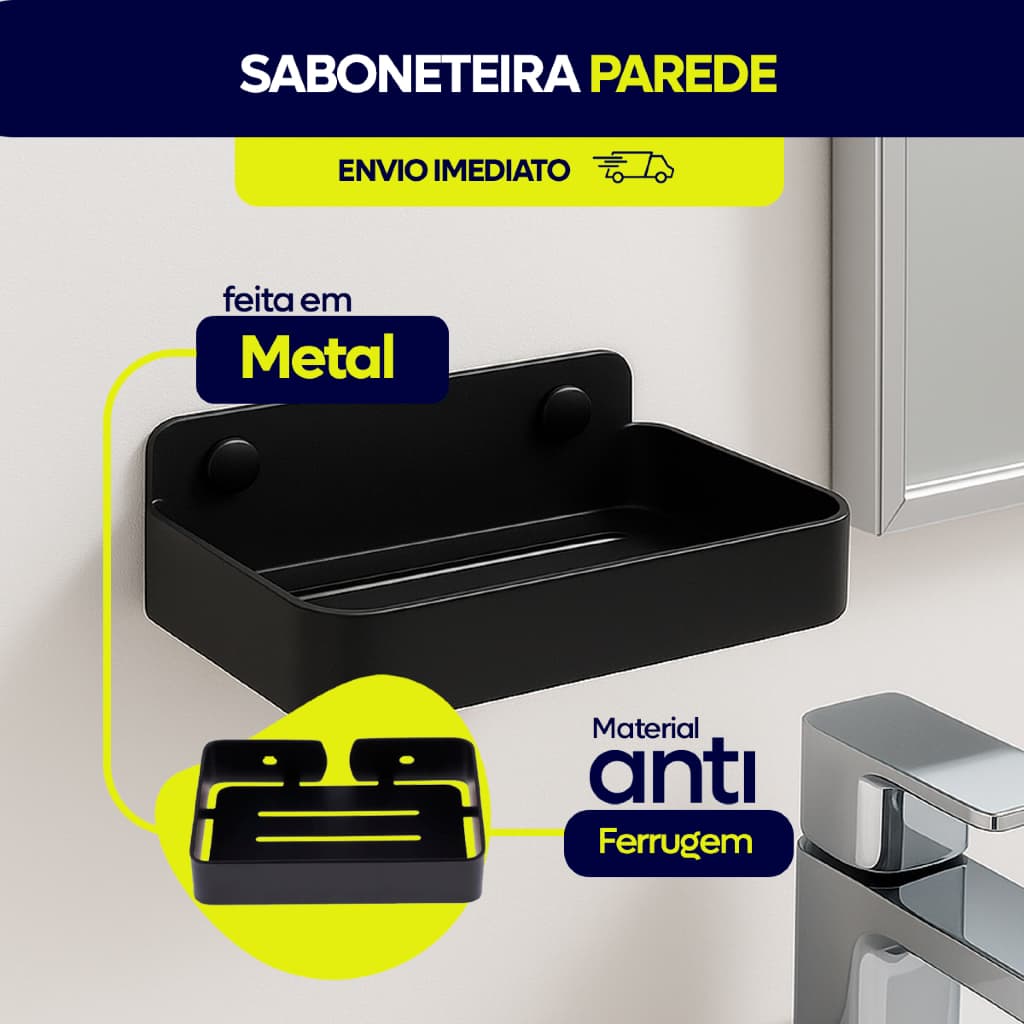 Saboneteira de Parede em Alumínio Preto – Cesta Quadrada Decorativa para Banheiro e Chuveiro