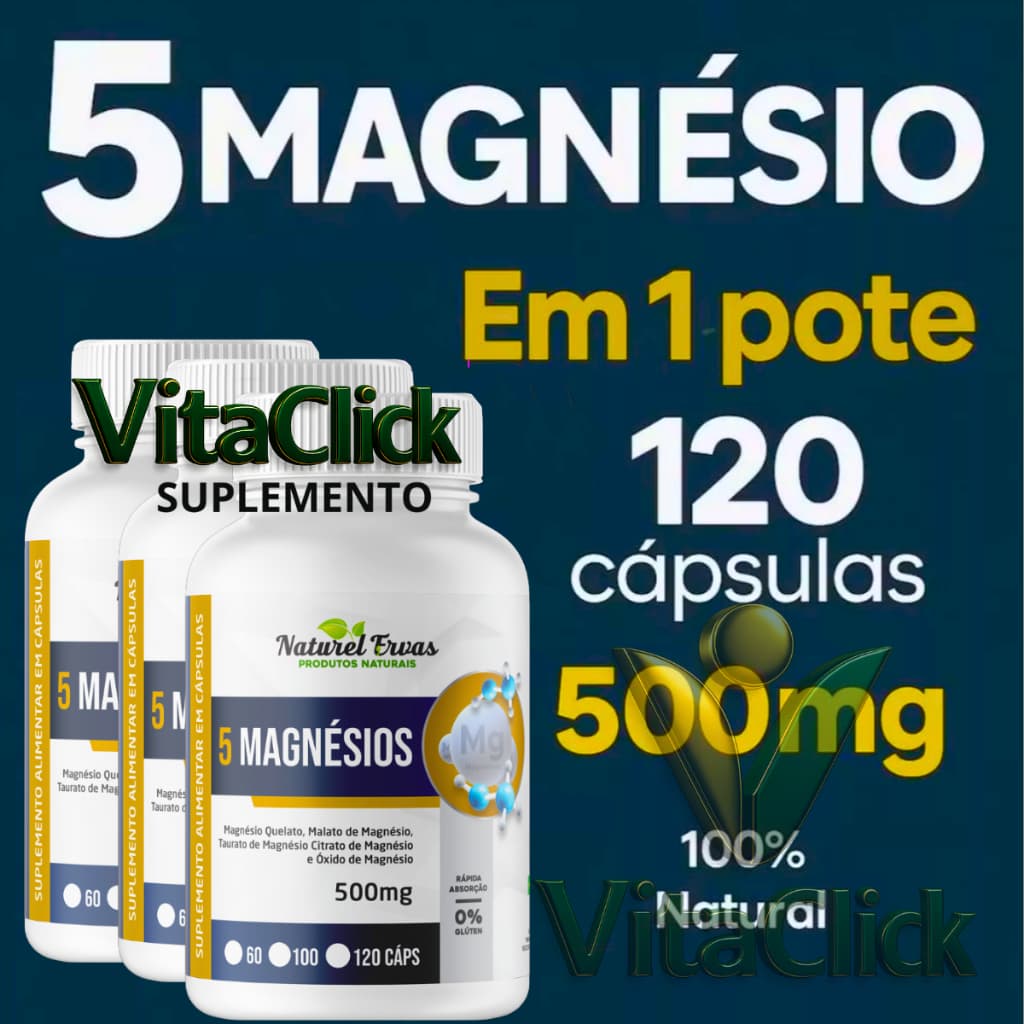 5 Magnésios 120 cápsulas de 500mg (magnésio Quelato, Malato, Turato, Citrato e Óxido